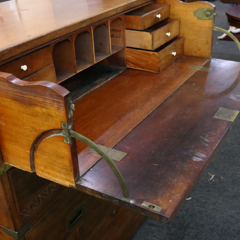 A Victorian mahogany campaign secretaire chest, Image 1++