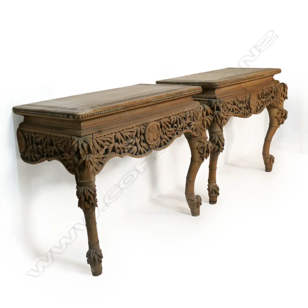 A pair of late 19thC Japanese Meiji period carved faux bamboo console tables, Image 1++