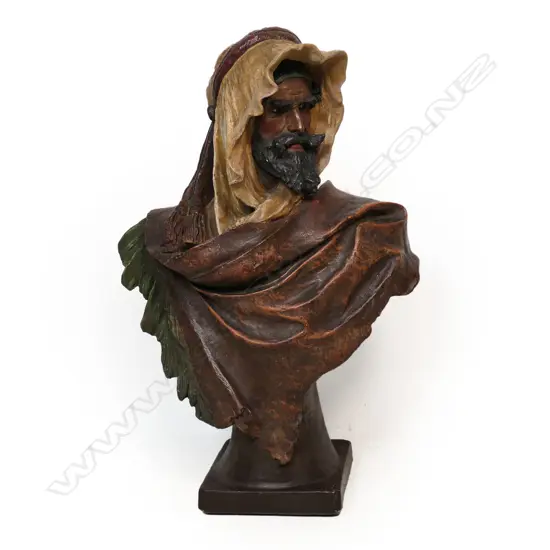 A late 19thC Eduard Stellmacher cold painted Orientalist terracotta bust of an Arabian gent,