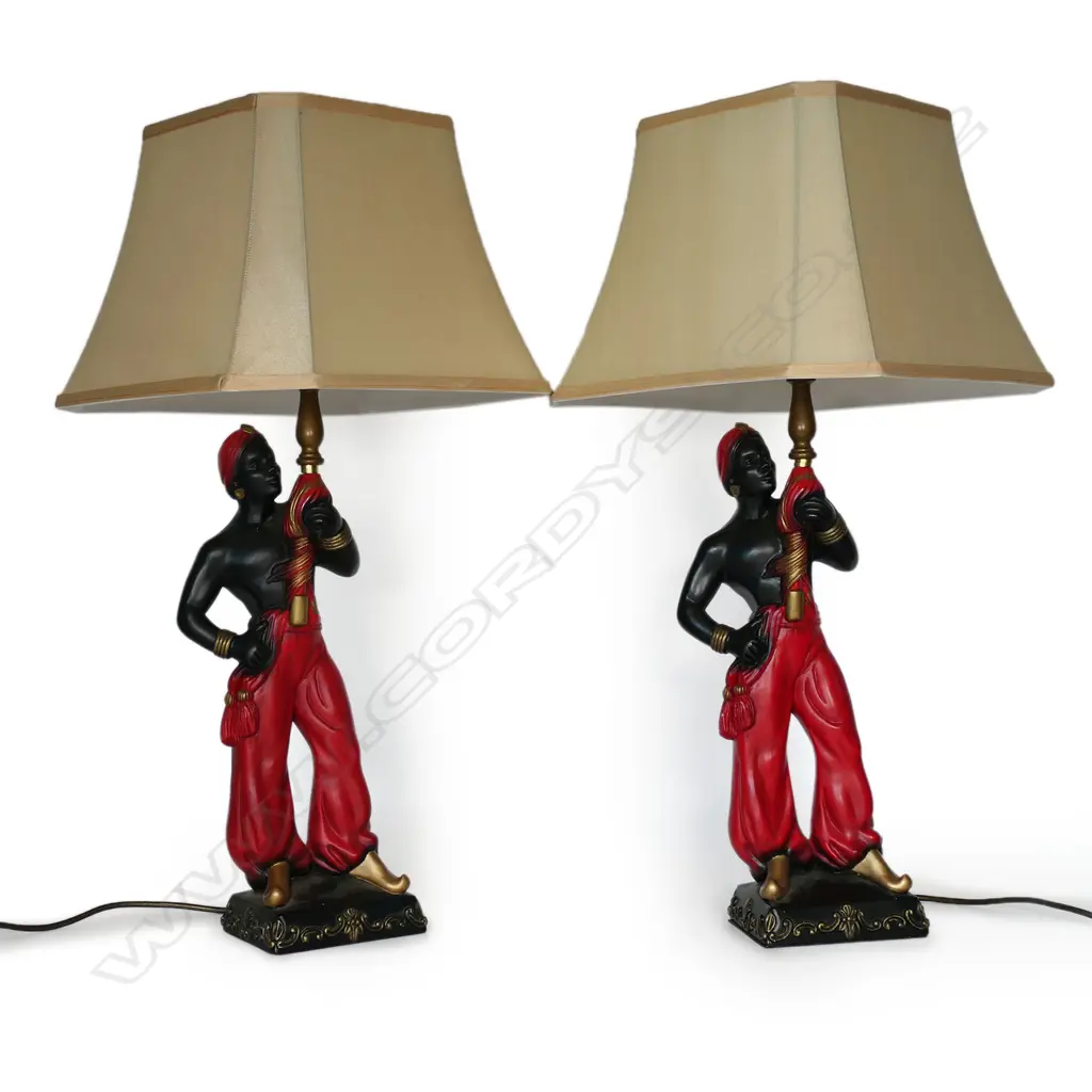 A pair of vintage American composite Blackamoor table lamps, Image 1++