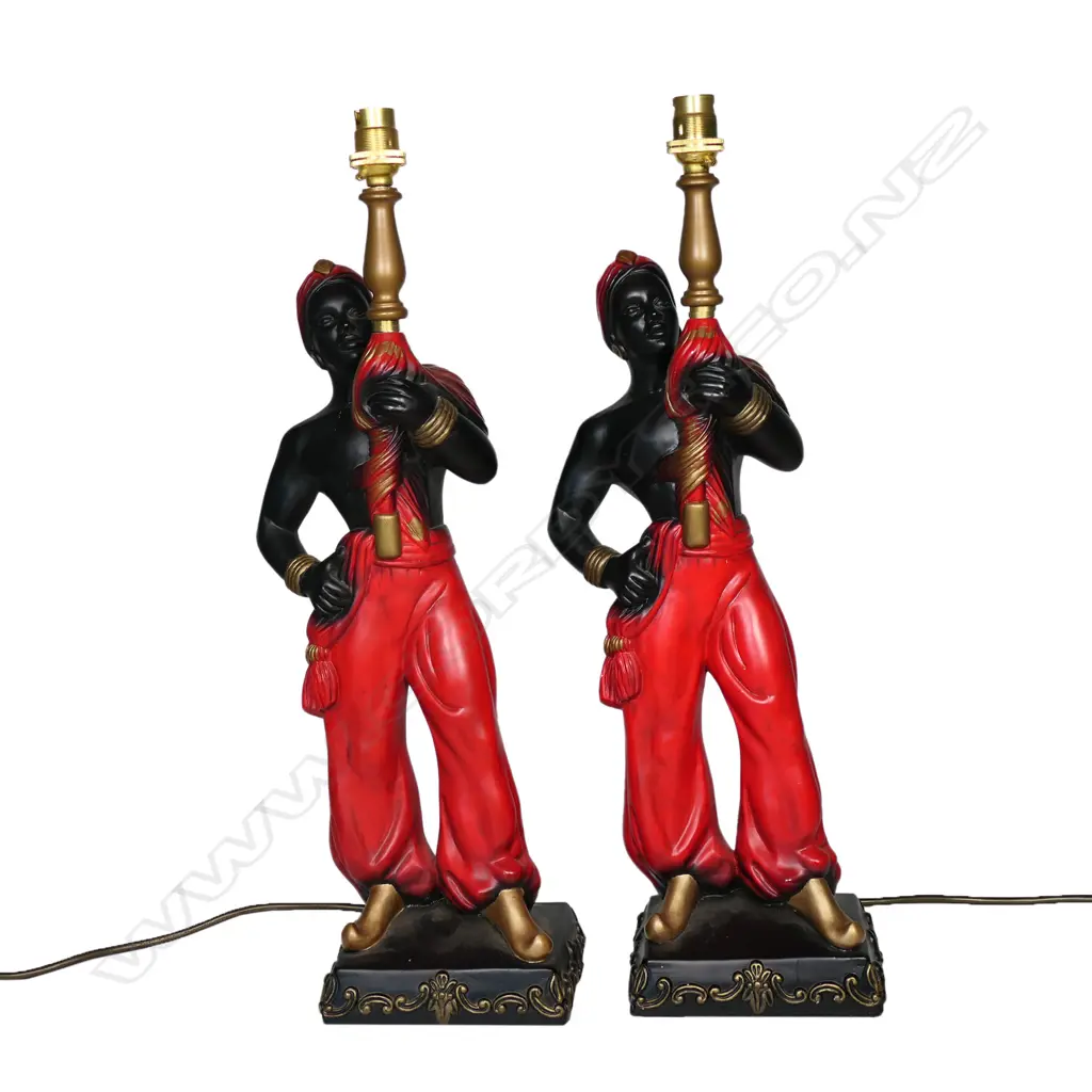 A pair of vintage American composite Blackamoor table lamps, Image 1++