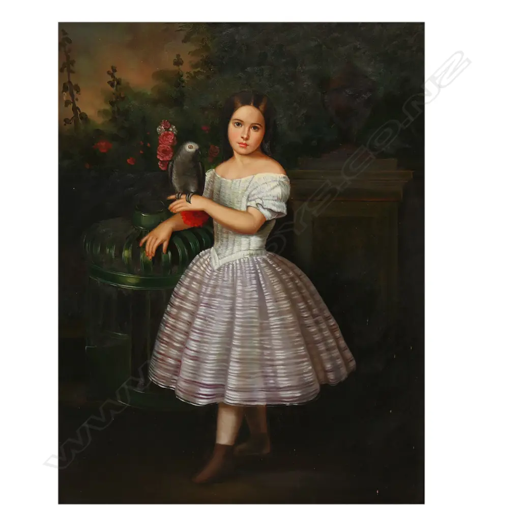 20thC Artist unknown untitled girl with parrot, Image 1++
