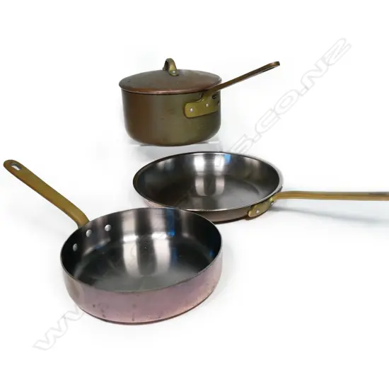Three copper pans,