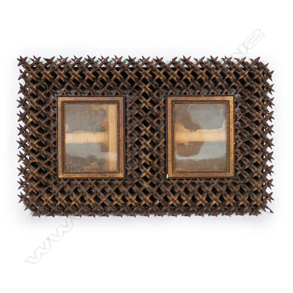 A c.1900 handmade ‘Crown of Thorns’ tramp art double picture frame, Image 1++