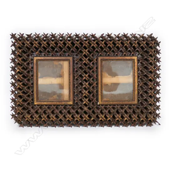 A c.1900 handmade ‘Crown of Thorns’ tramp art double picture frame,