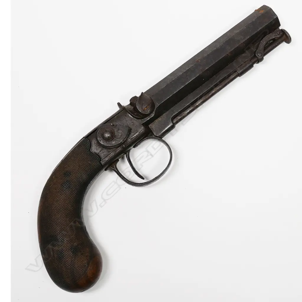 A 19thC un-named English side hammer box lock percussion pistol, Image 1++