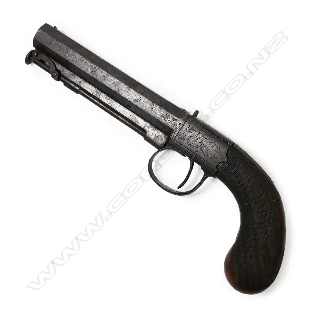 A 19thC un-named English side hammer box lock percussion pistol, Image 1++