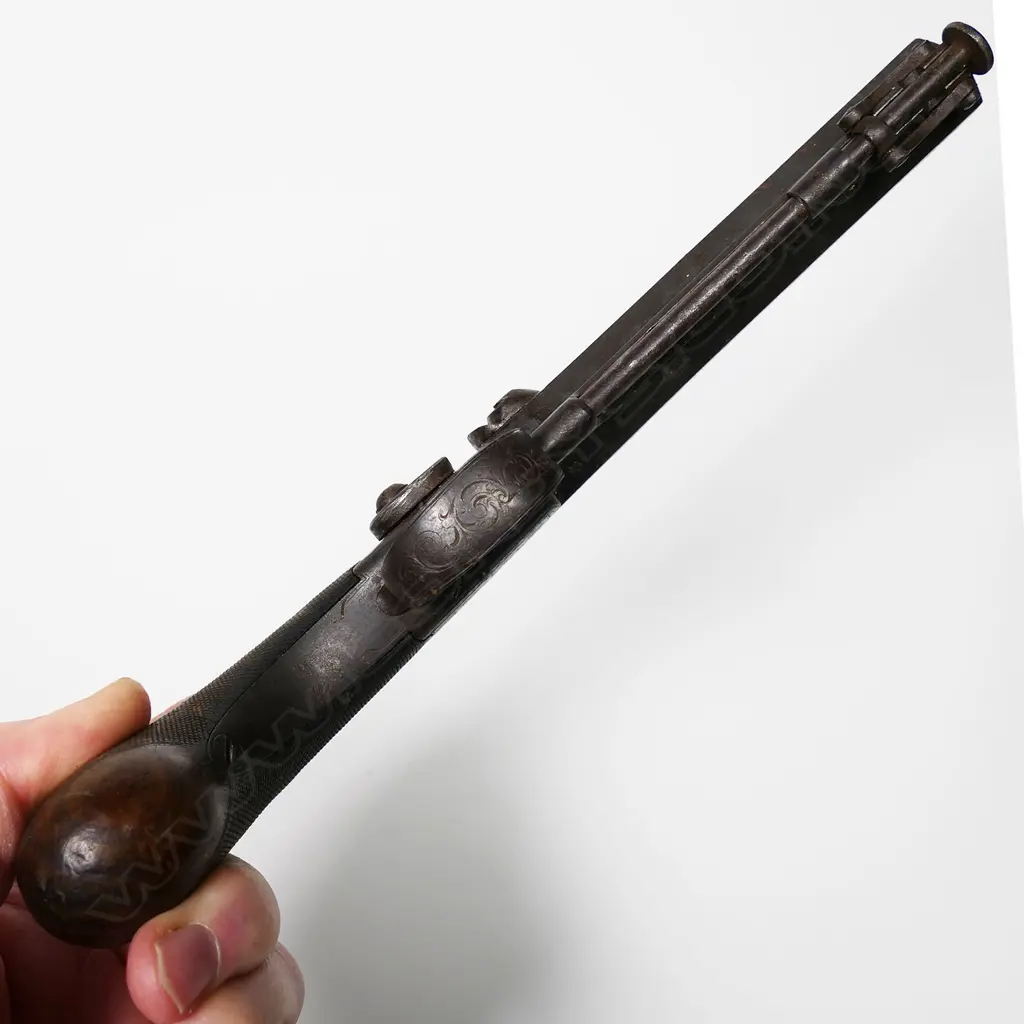 A 19thC un-named English side hammer box lock percussion pistol, Image 1++