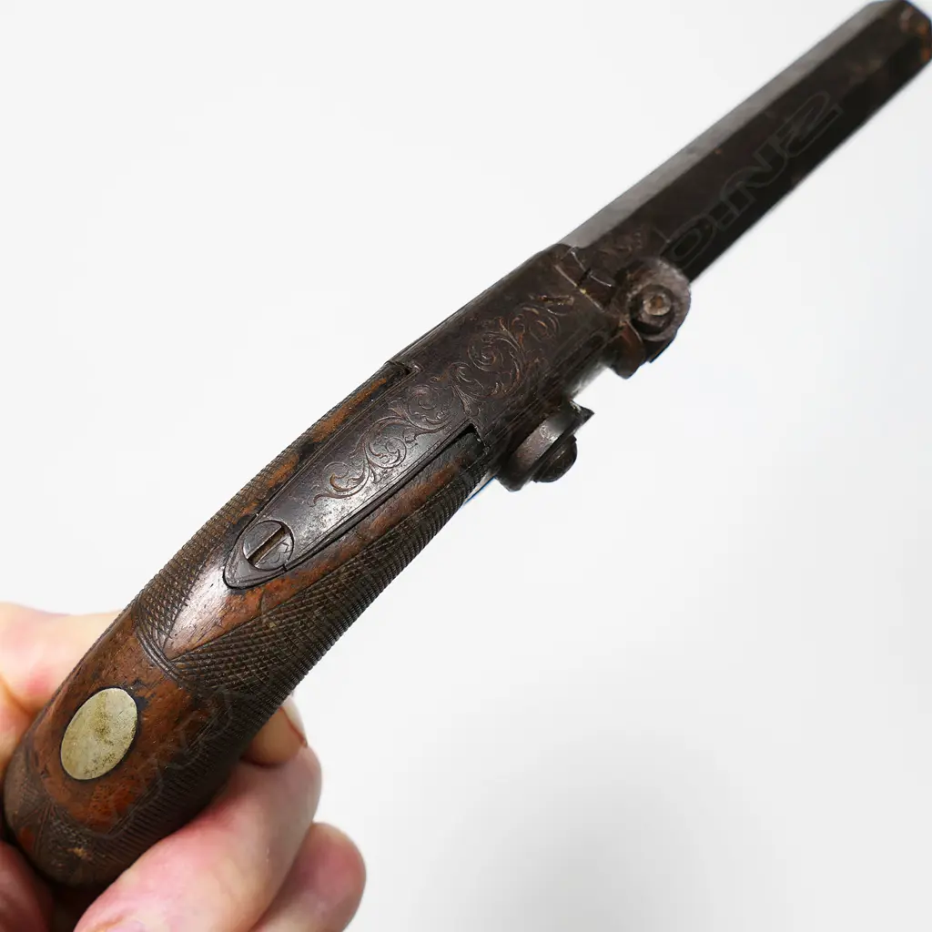 A 19thC un-named English side hammer box lock percussion pistol, Image 1++