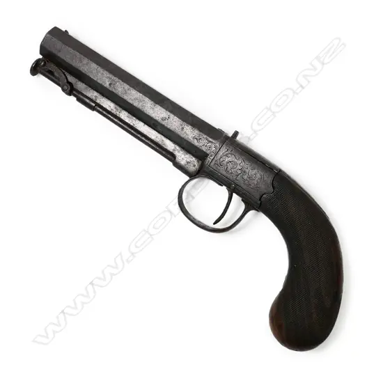 A 19thC un-named English side hammer box lock percussion pistol,