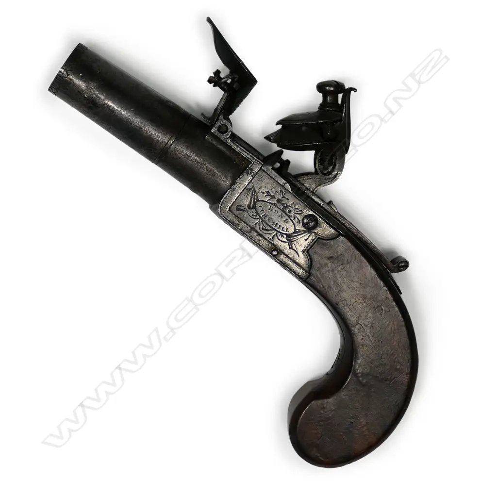 A 19thC flintlock box lock pocket pistol by ‘Bond’ of London, Image 1++
