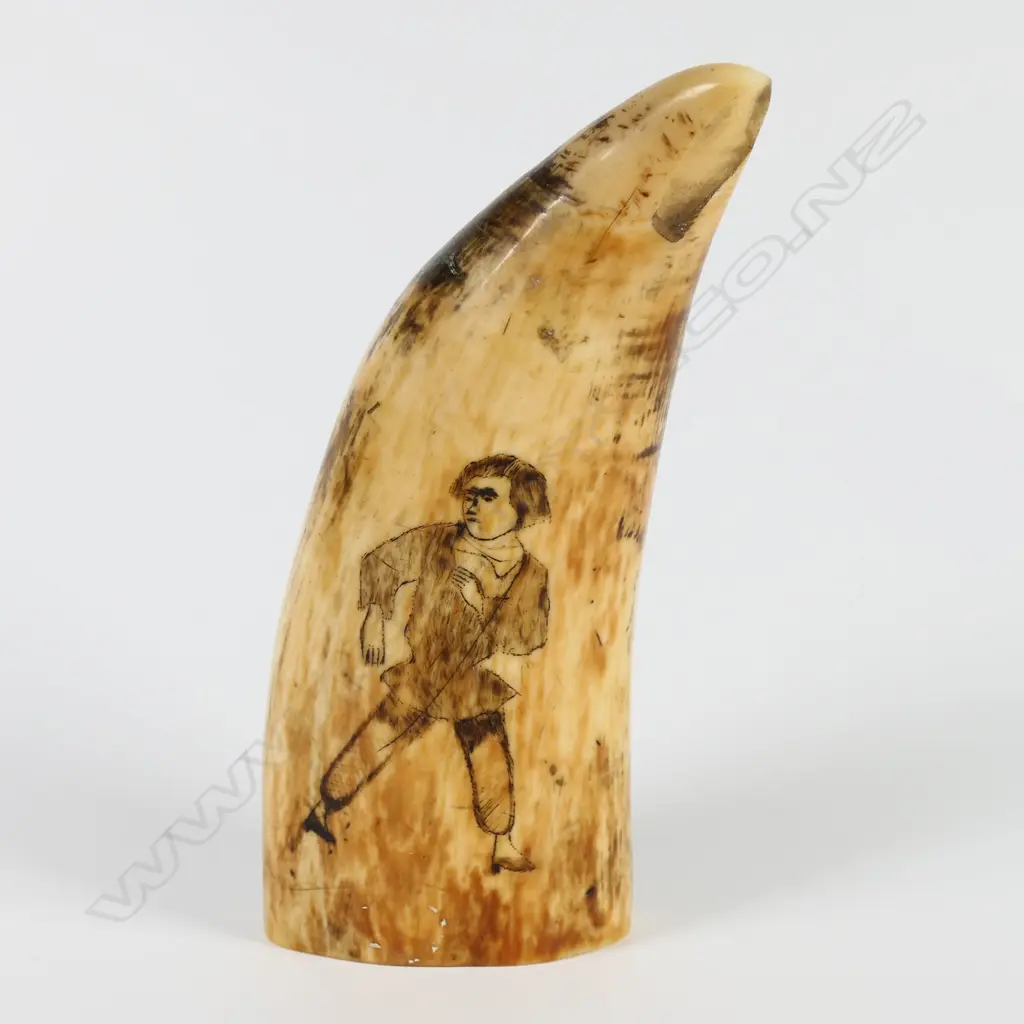 A 19thC whale tooth with original scrimshaw decoration, Image 1++