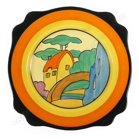 A Clarice Cliff Bizarre 'Orange Roof Cottage' Leda plate,
