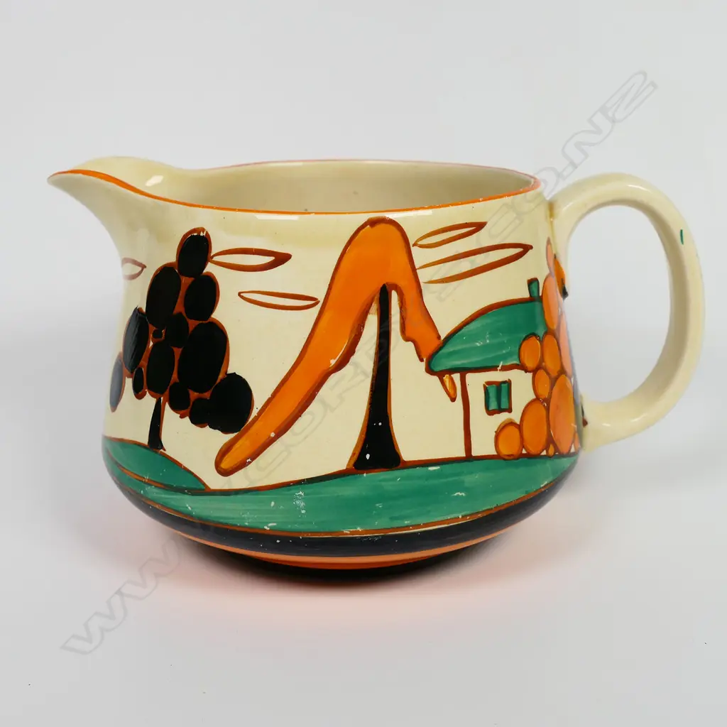 A Clarice Cliff Fantasque 'Tress and House' Crown shape jug, Image 1++
