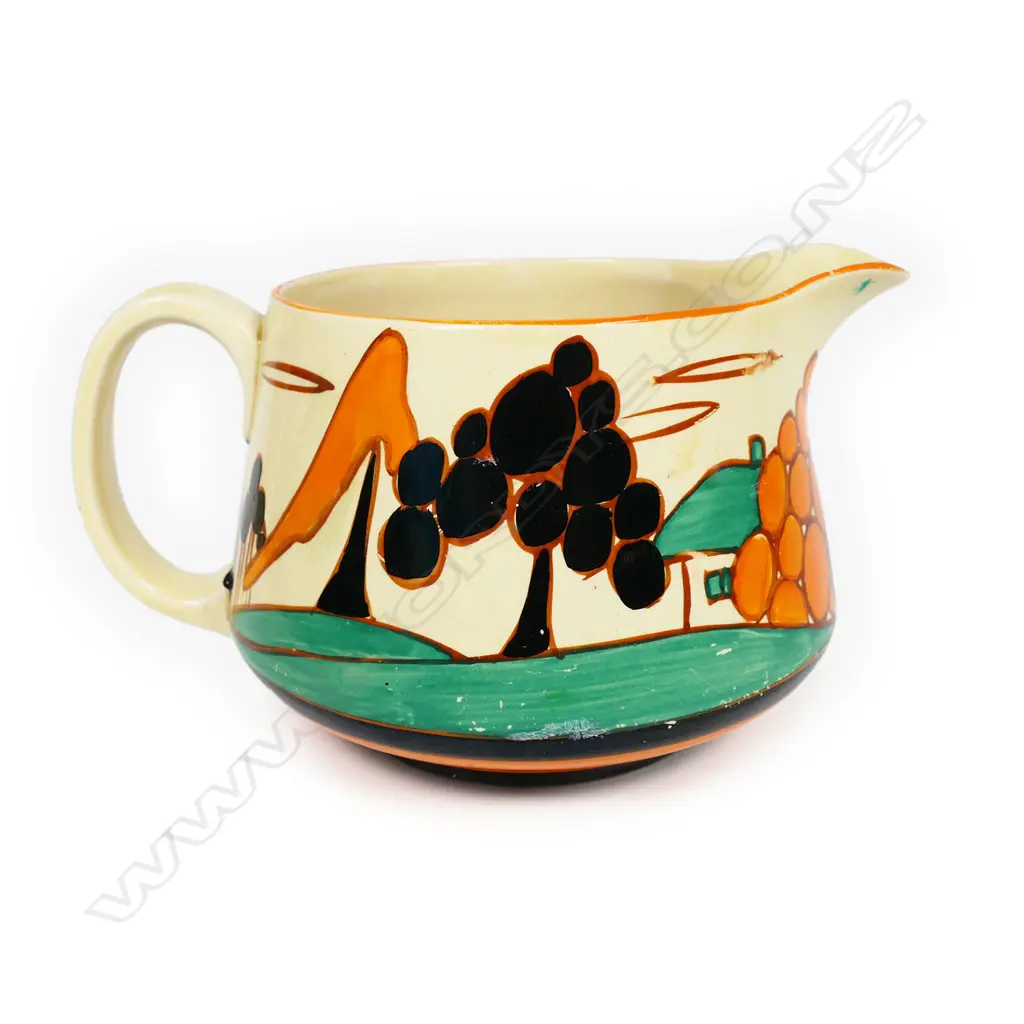 A Clarice Cliff Fantasque 'Tress and House' Crown shape jug, Image 1++