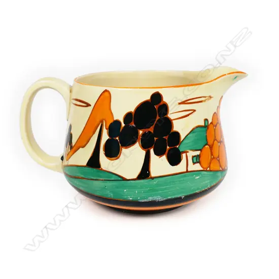 A Clarice Cliff Fantasque 'Tress and House' Crown shape jug,