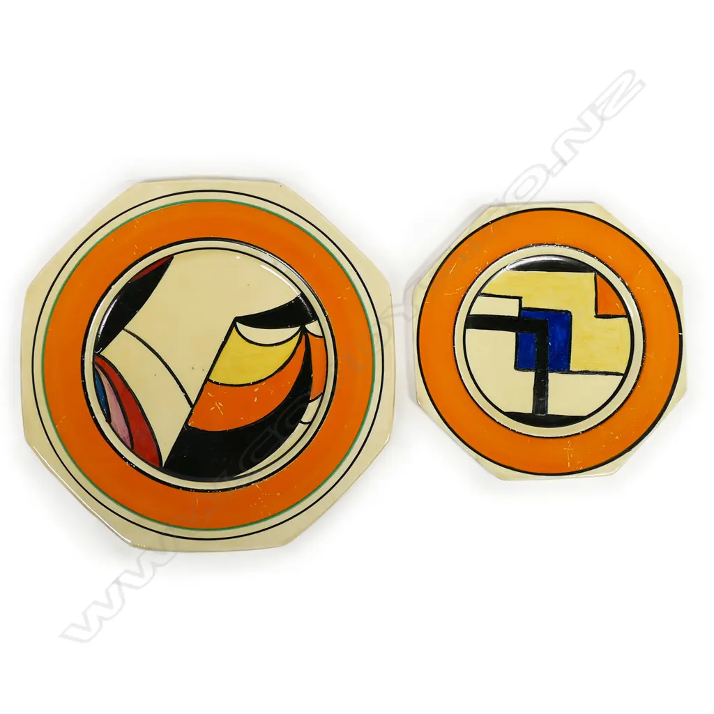 Two Clarice Cliff 'Bizarre' abstract decorated octagonal plates, Image 1++