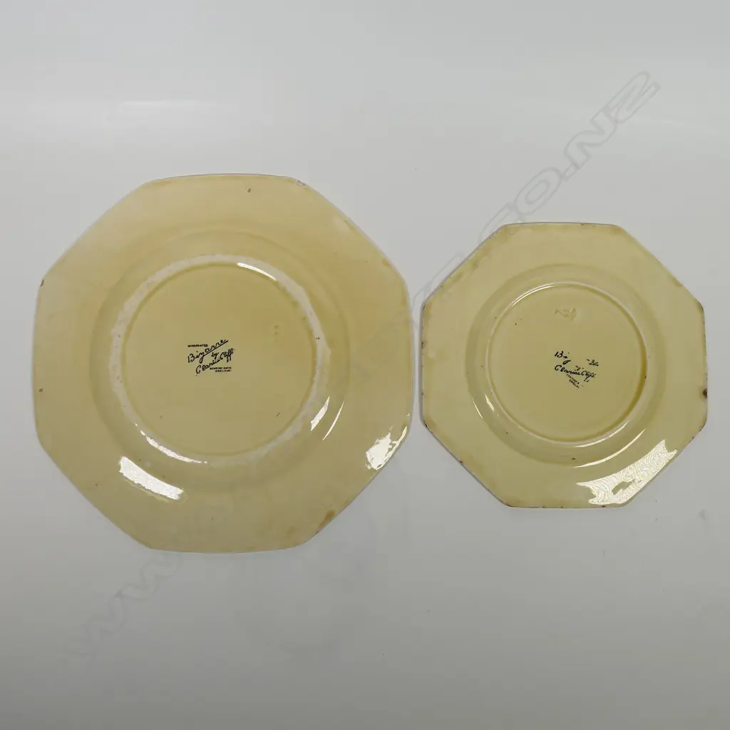 Two Clarice Cliff 'Bizarre' abstract decorated octagonal plates, Image 1++