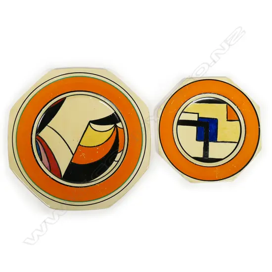 Two Clarice Cliff 'Bizarre' abstract decorated octagonal plates,