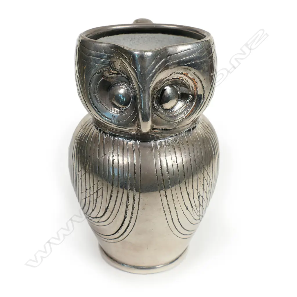 A vintage probably Farnham silver overlay pottery owl jug, Image 1++