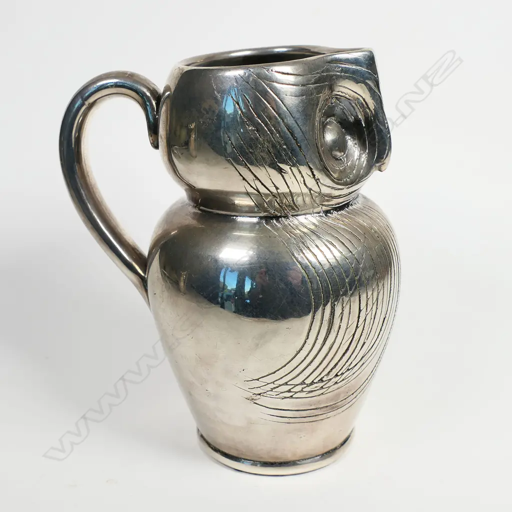 A vintage probably Farnham silver overlay pottery owl jug, Image 1++