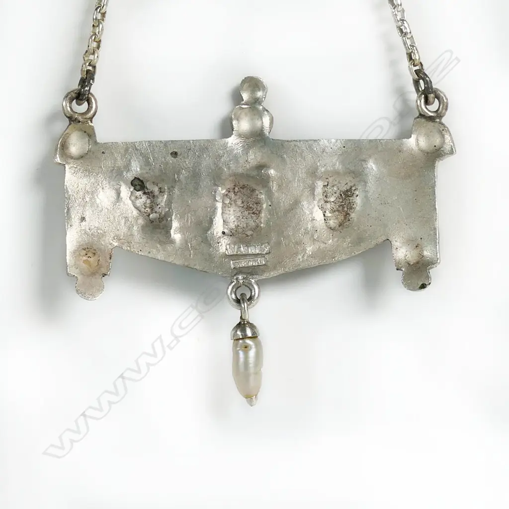 A Reuben Watts (1869-1940) N.Z. Arts & Crafts silver and enamel suspended pendant, Image 1++