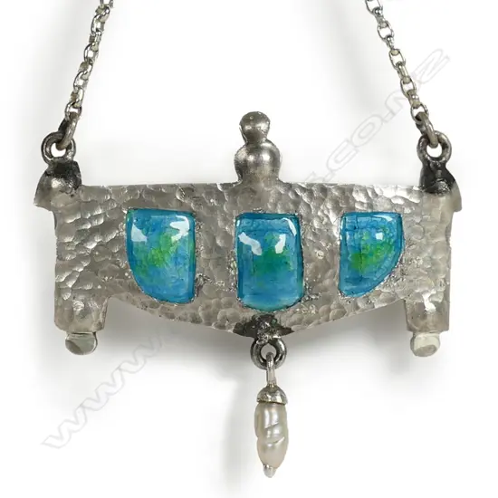 A Reuben Watts (1869-1940) N.Z. Arts & Crafts silver and enamel suspended pendant,