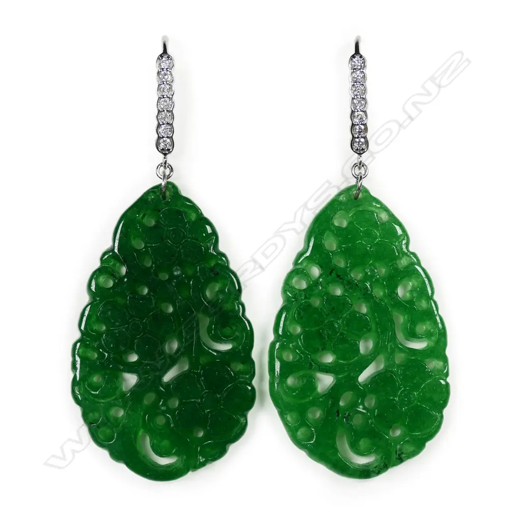 A pair of 14ct gold, jade and diamond drop earrings, Image 1++