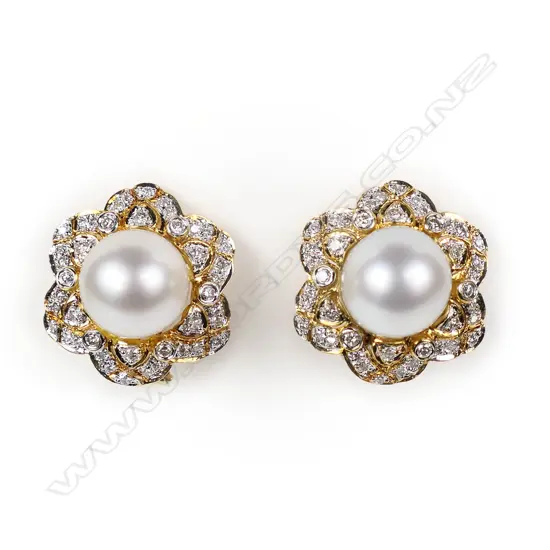 A pair of 18ct gold diamond and pearl earrings,