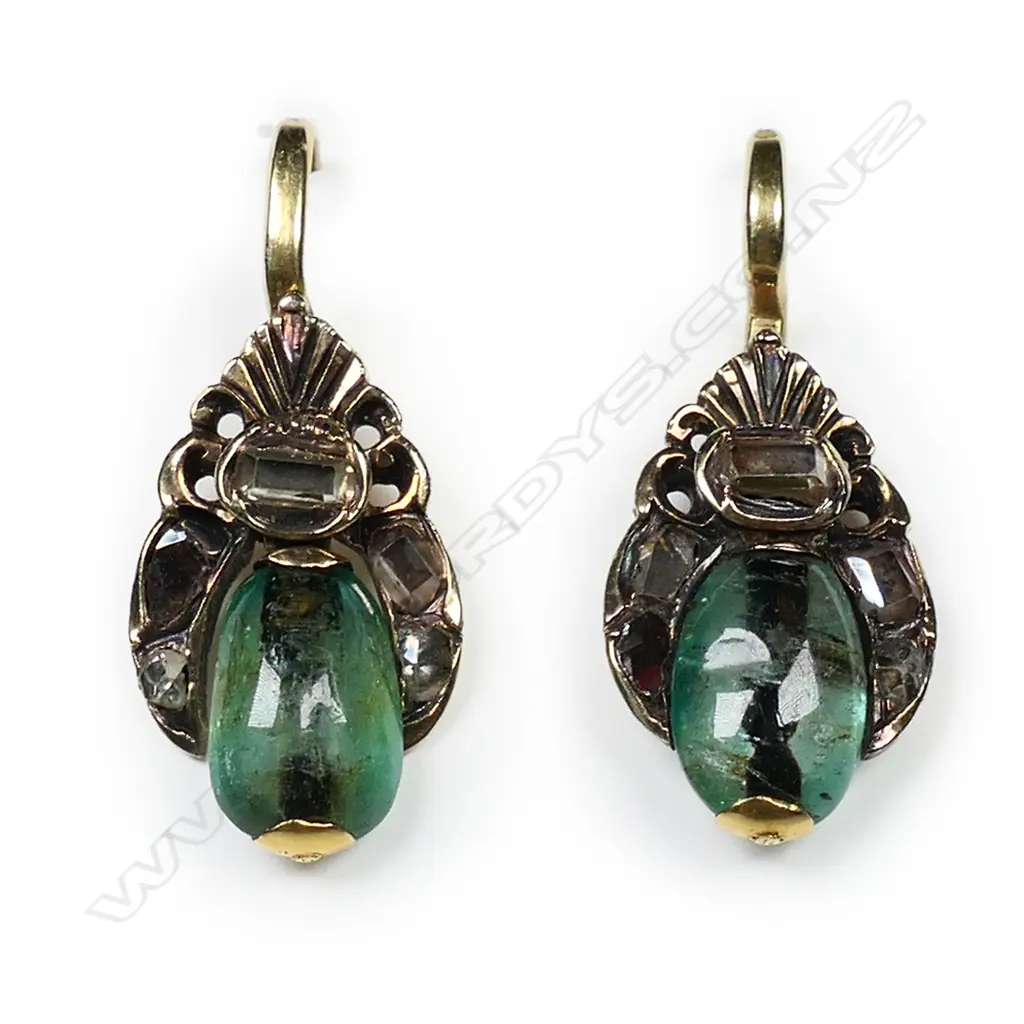 A pair of 19thC 15ct gold emerald and diamond drop earrings, Image 1++