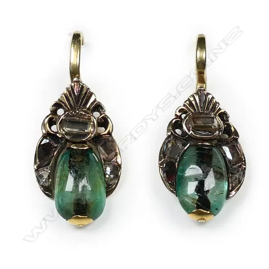 A pair of 19thC 15ct gold emerald and diamond drop earrings,