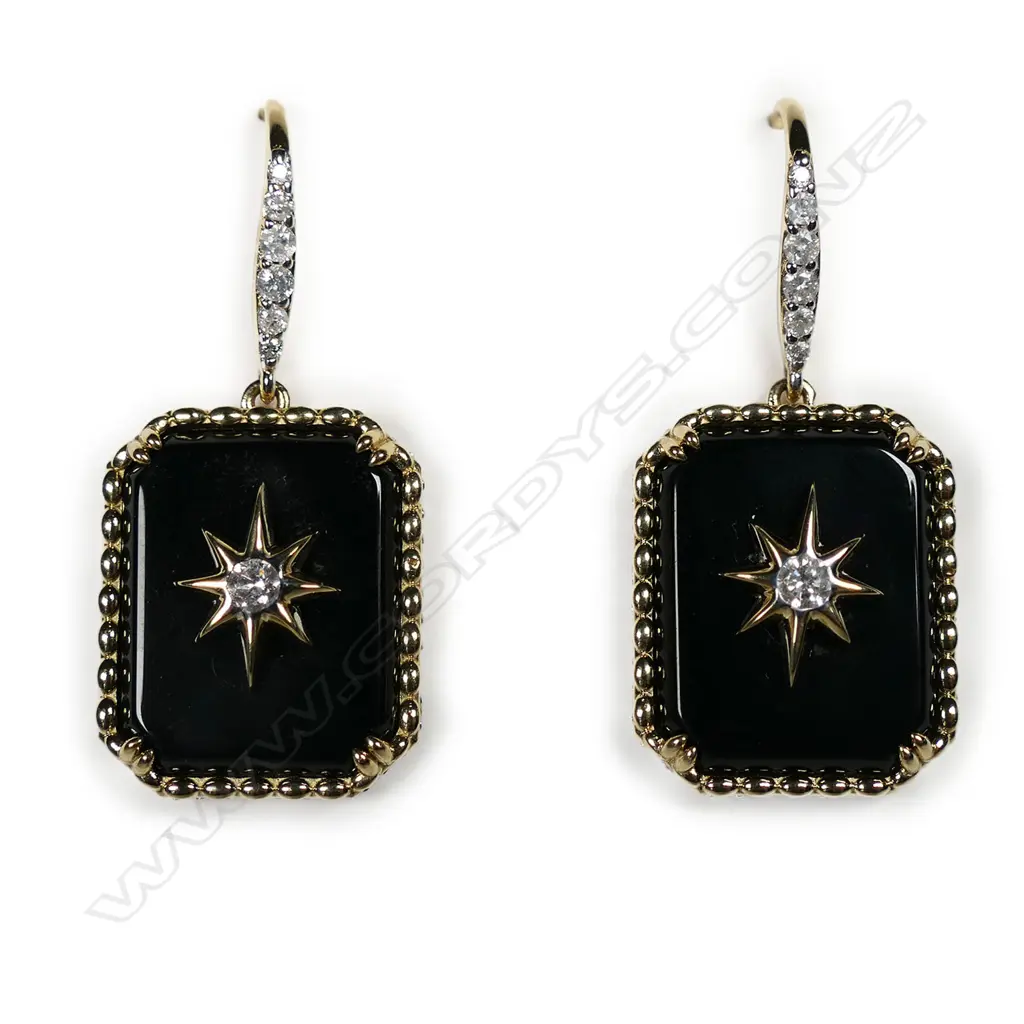 A pair of 14ct gold onyx and diamond drop earrings, Image 1++