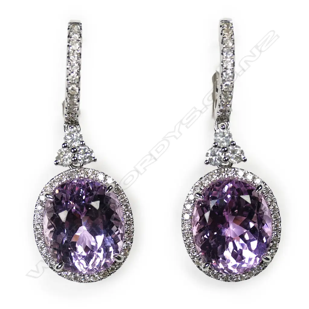 A 14ct white gold kunzite and diamond halo drop earrings, Image 1++