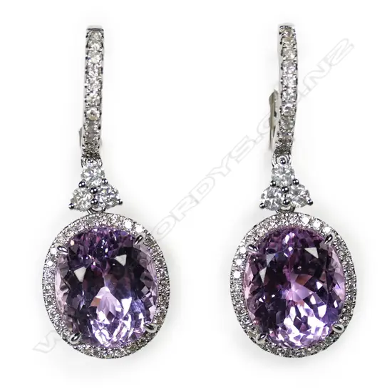A 14ct white gold kunzite and diamond halo drop earrings,