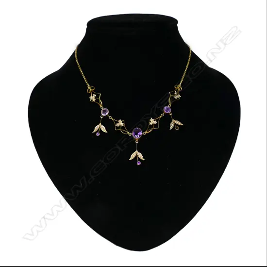 An Edwardian 9ct gold amethyst and pearl necklace,