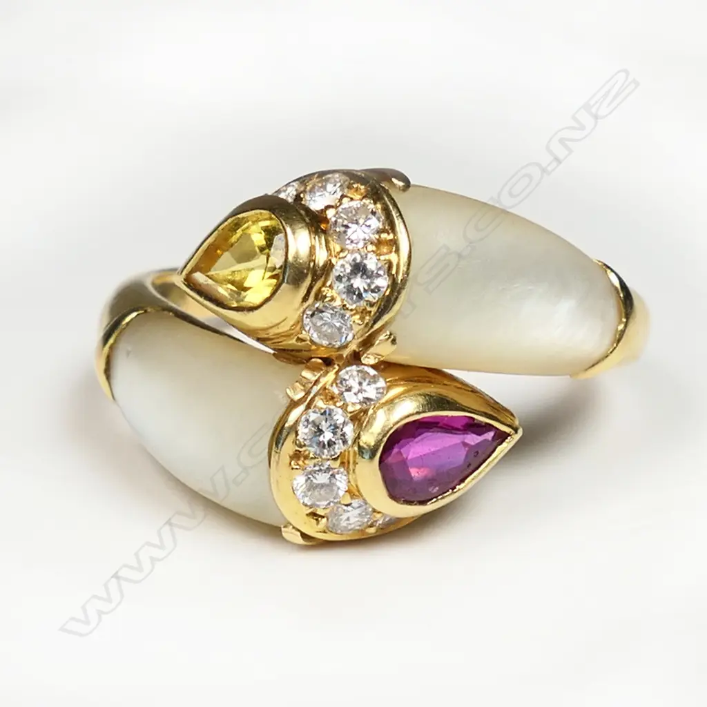 An 18ct gold mother of pearl, ruby, yellow sapphire and diamond ring, Image 1++
