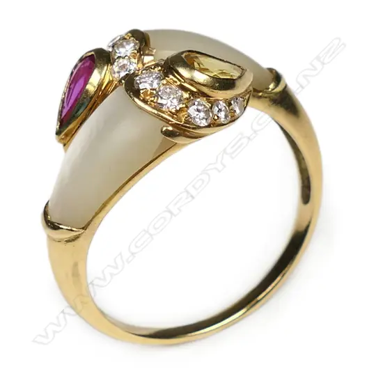 An 18ct gold mother of pearl, ruby, yellow sapphire and diamond ring,