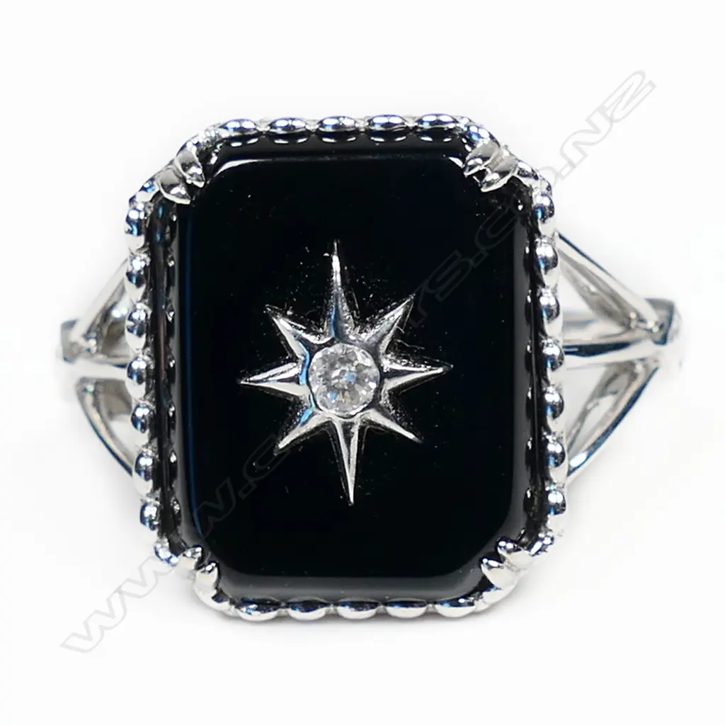 A 14ct white gold black onyx and diamond Art Deco style ring, Image 1++