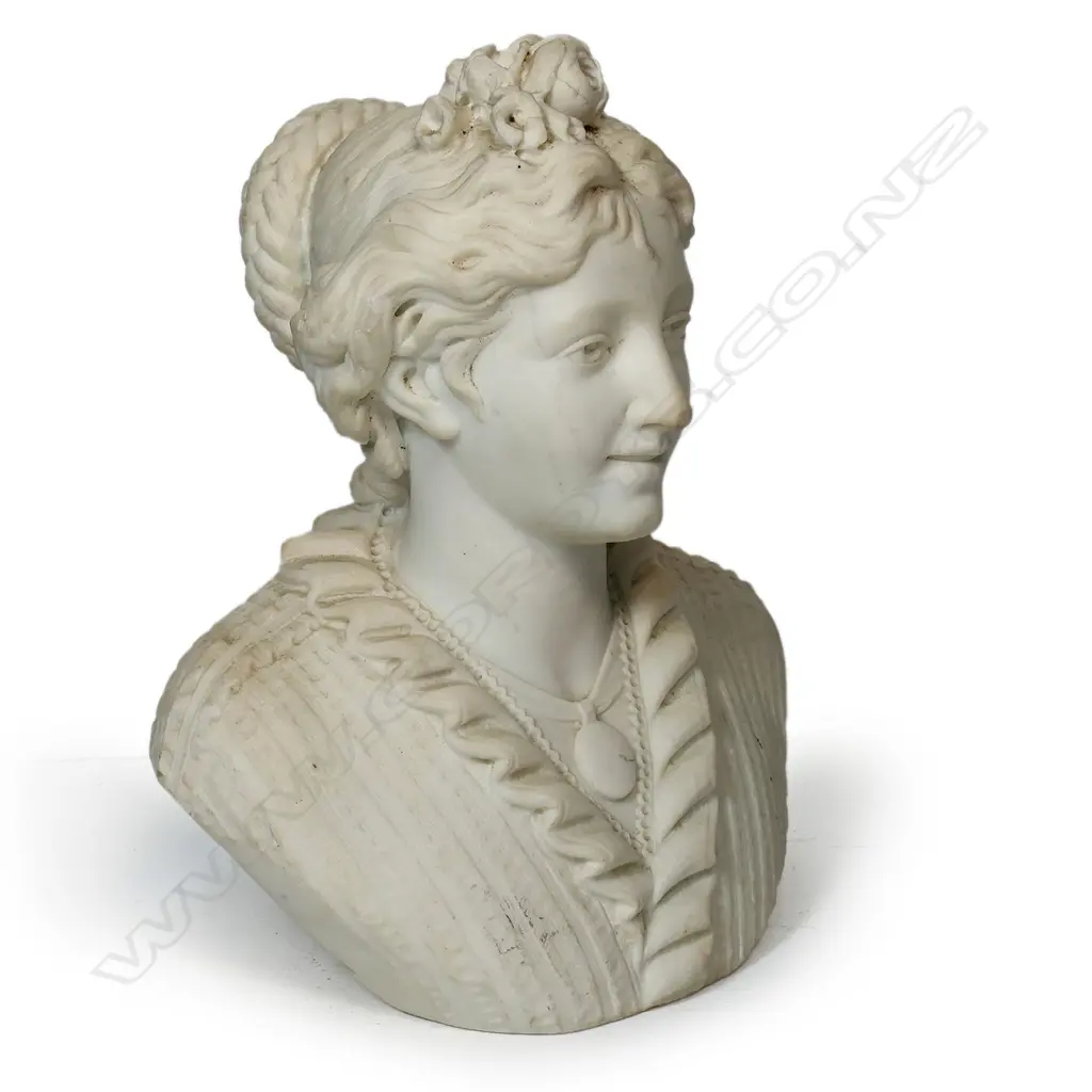 A late 19thC Angelo Bertozzi Italian carved Carrara marble bust of a young woman, Image 1++