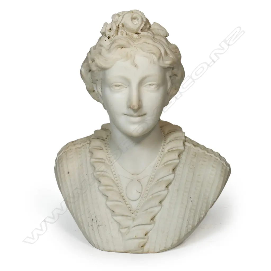 A late 19thC Angelo Bertozzi Italian carved Carrara marble bust of a young woman, Image 1++