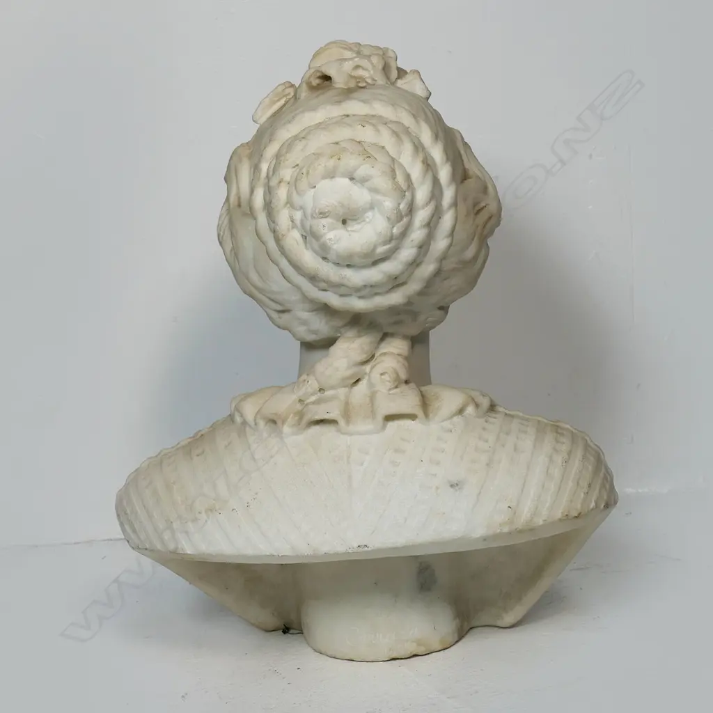 A late 19thC Angelo Bertozzi Italian carved Carrara marble bust of a young woman, Image 1++