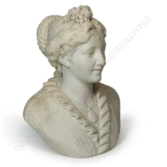 A late 19thC Angelo Bertozzi Italian carved Carrara marble bust of a young woman,