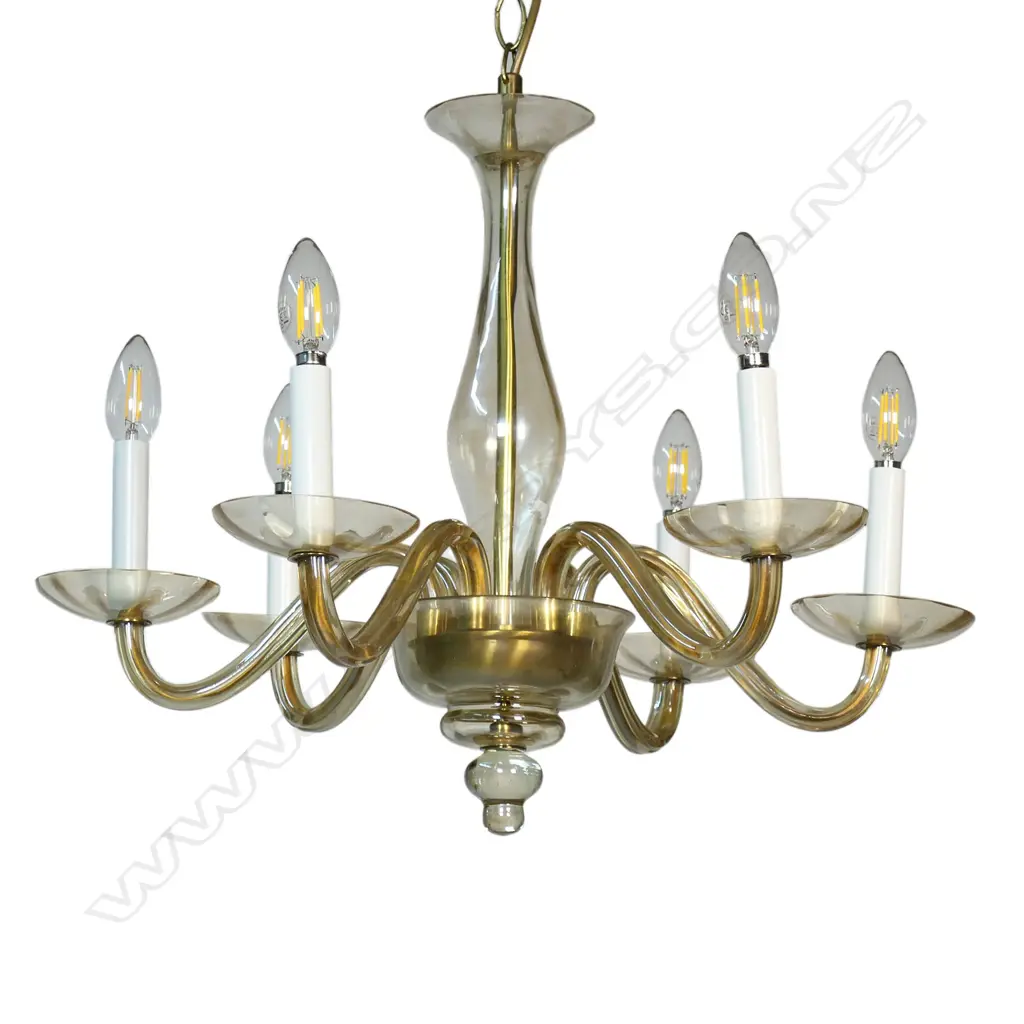 A mid-century Murano pale amber glass six arm chandelier, Image 1++