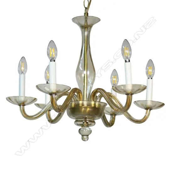 A mid-century Murano pale amber glass six arm chandelier,