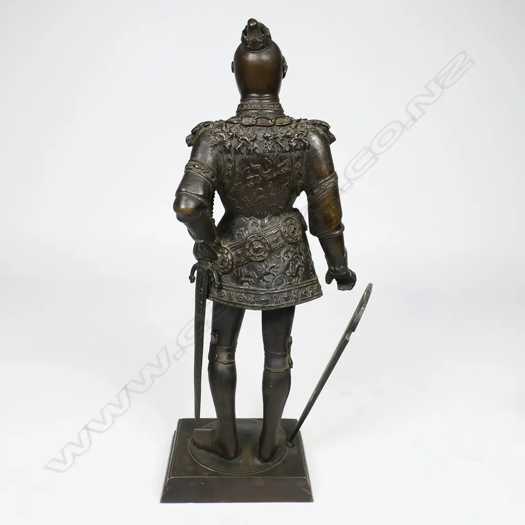 A c.1900 FR. Unterburger (Innsbruck) bronze figure of King Arthur - finely detailed with moveable visor, supporting a shield to his right hand. Based on the original by Peter Visher the Elder, c.1513. H.350mm, Image 1++
