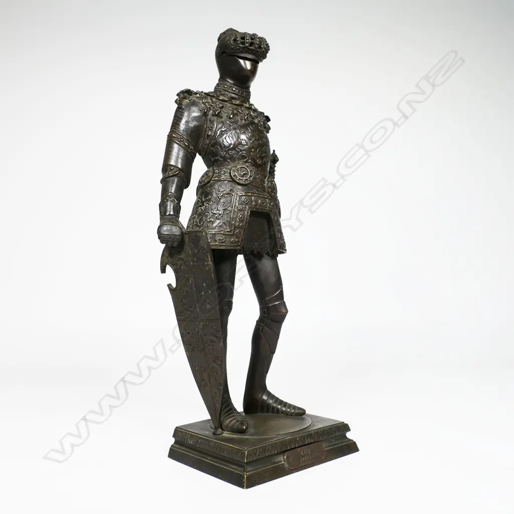 A c.1900 FR. Unterburger (Innsbruck) bronze figure of King Arthur - finely detailed with moveable visor, supporting a shield to his right hand. Based on the original by Peter Visher the Elder, c.1513. H.350mm, Image 1++