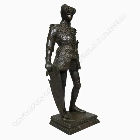 A c.1900 FR. Unterburger (Innsbruck) bronze figure of King Arthur - finely detailed with moveable visor, supporting a shield to his right hand. Based on the original by Peter Visher the Elder, c.1513. H.350mm,