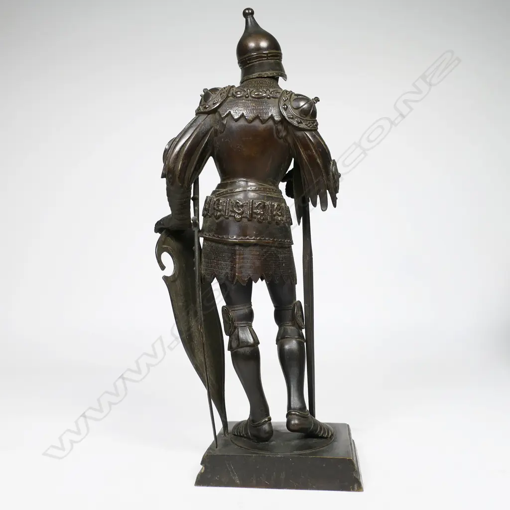 A c.1900 FR. Unterburger (Innsbruck) bronze figure of Theodoric the Great 'King of the Ostrogoths' - finely detailed with moveable visor, supporting a lance and sword, a shield to his left hand. Detailed signature and entitlement. Based on the original 16th bronze by an unknown sculptor. H.355mm. Image 1++