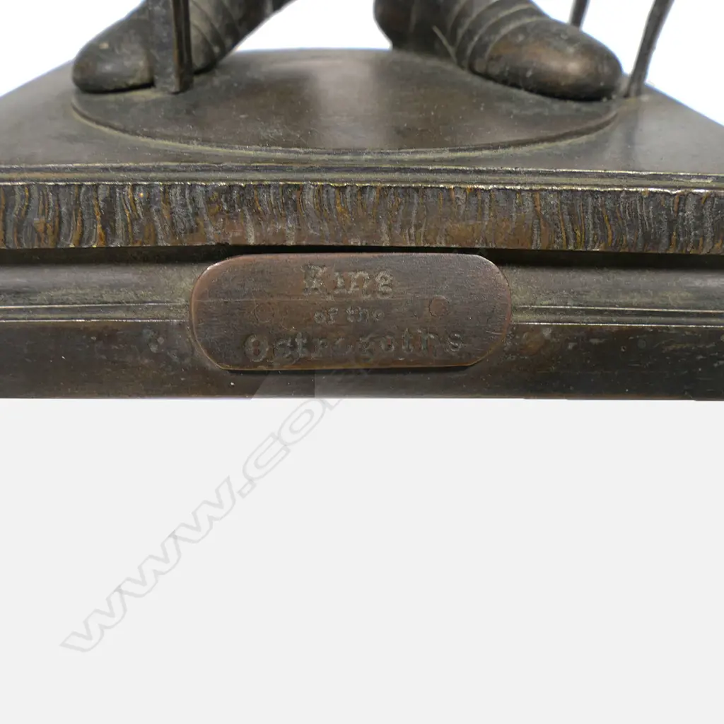 A c.1900 FR. Unterburger (Innsbruck) bronze figure of Theodoric the Great 'King of the Ostrogoths' - finely detailed with moveable visor, supporting a lance and sword, a shield to his left hand. Detailed signature and entitlement. Based on the original 16th bronze by an unknown sculptor. H.355mm. Image 1++