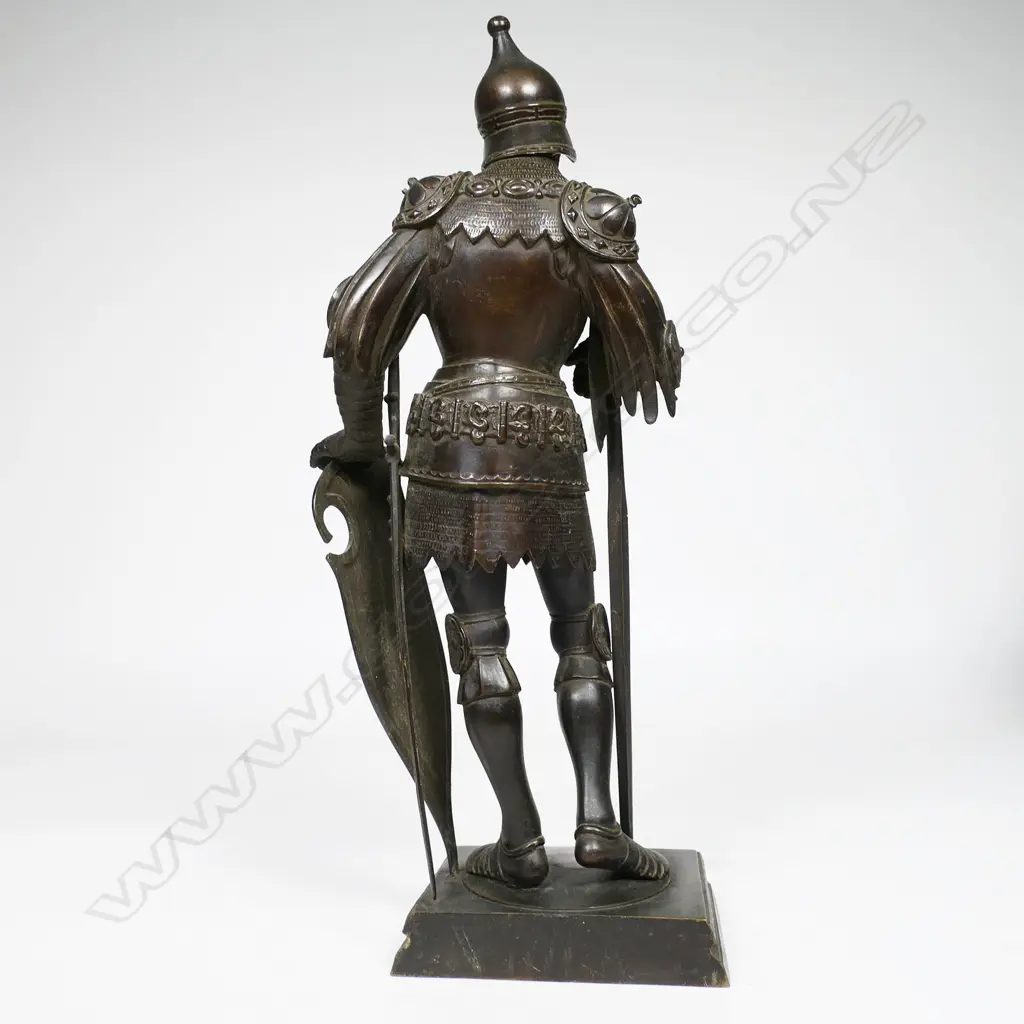 A c.1900 FR. Unterburger (Innsbruck) bronze figure of Theodoric the Great 'King of the Ostrogoths' - finely detailed with moveable visor, supporting a lance and sword, a shield to his left hand. Detailed signature and entitlement. Based on the original 16th bronze by an unknown sculptor. H.355mm. Image 1++